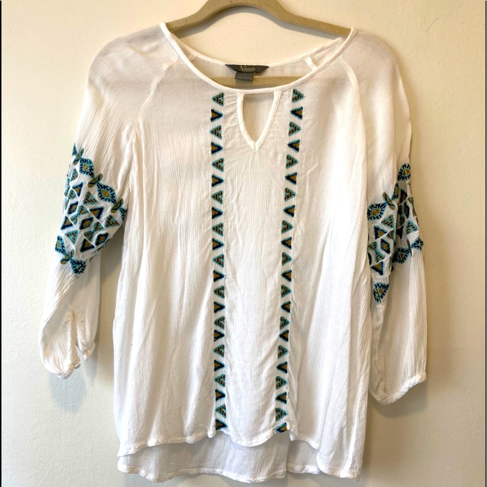 Geometric turquoise, teal and blue blouse